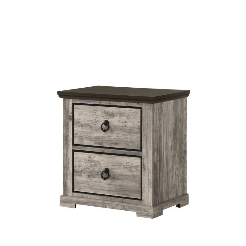 Rustic Gray Two-Tone 2-Drawer Nightstand with Metal Knobs, Contemporary Bedroom Furniture - Gray