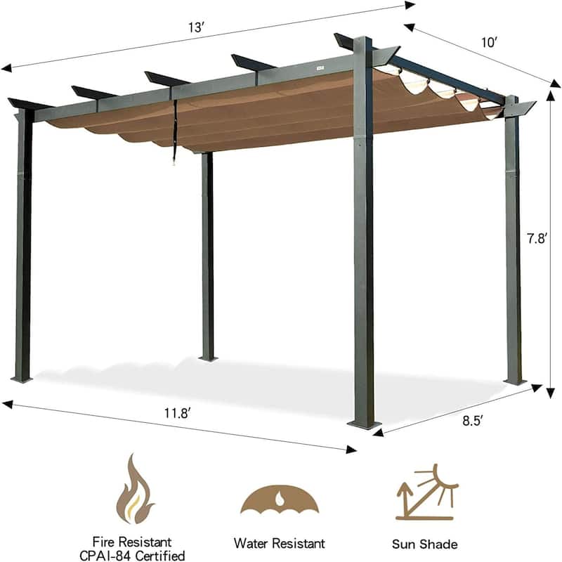 10' x 13' Aluminum Retractable Pergola with Beige Weather-Resistant Canopy