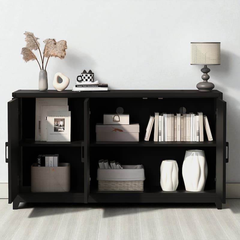 Modern 59" TV Stand for TVs up to 65", Entertainment Center with 2 Cabinets, Adjustable Shelves, Solid Wood Legs
