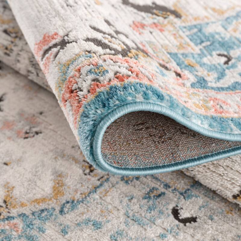 Traditional Persian Oriental Distressed Teal Turquoise Ivory Grey Orange Area Rug