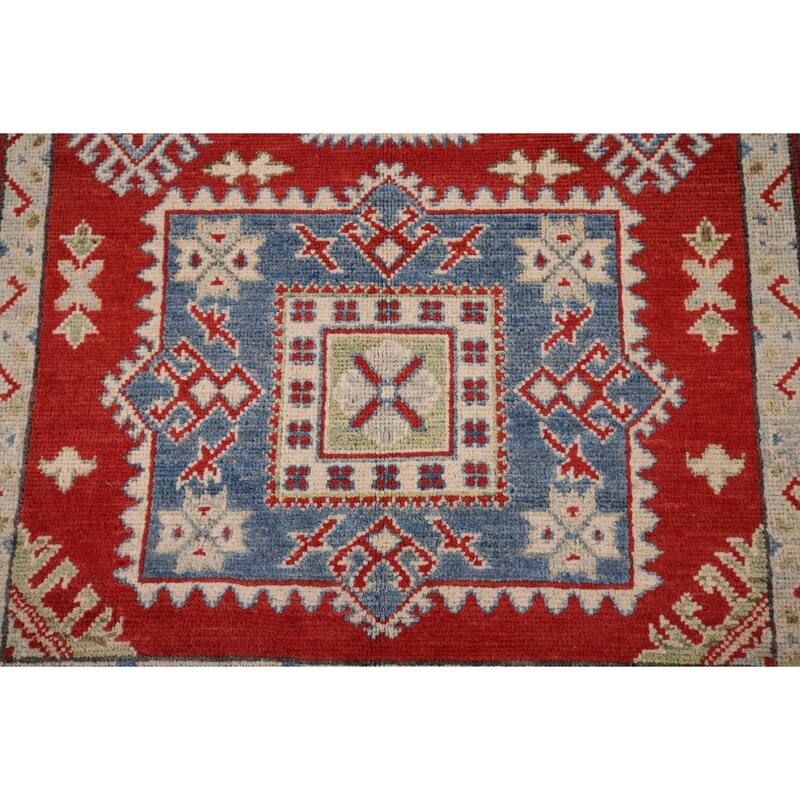 Geometric Red Kazak Runner Rug Hand-Knotted Hallway Wool Carpet - 3'11" x 13'4"
