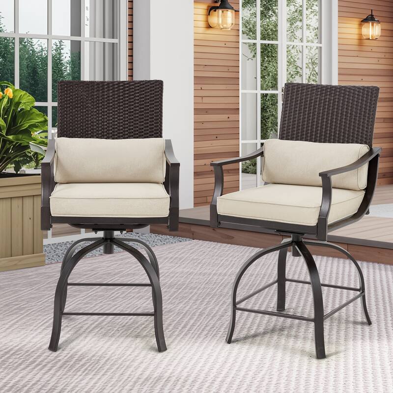EROMMY Outdoor Bar Set, High Top Patio Table with 2 Swivel Bar Stools, Rattan Bistro Set for Backyard, Poolside, Garden