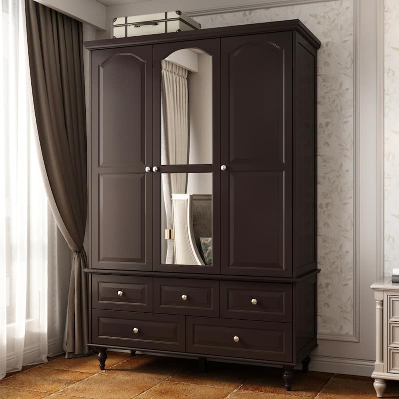 3-Door Wardrobe Armoire with Mirror, 70.9" Tall Freestanding Closet Cabinet Storage Wardrobe for Bedroom - DarkBrown