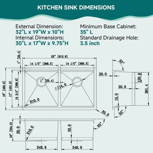 32 in Double Dowl Kitchen Sink Undermount, 32x19 Workstation Sink 50/50 Stainless Steel with Accessories Combo - 32''x19''x10''