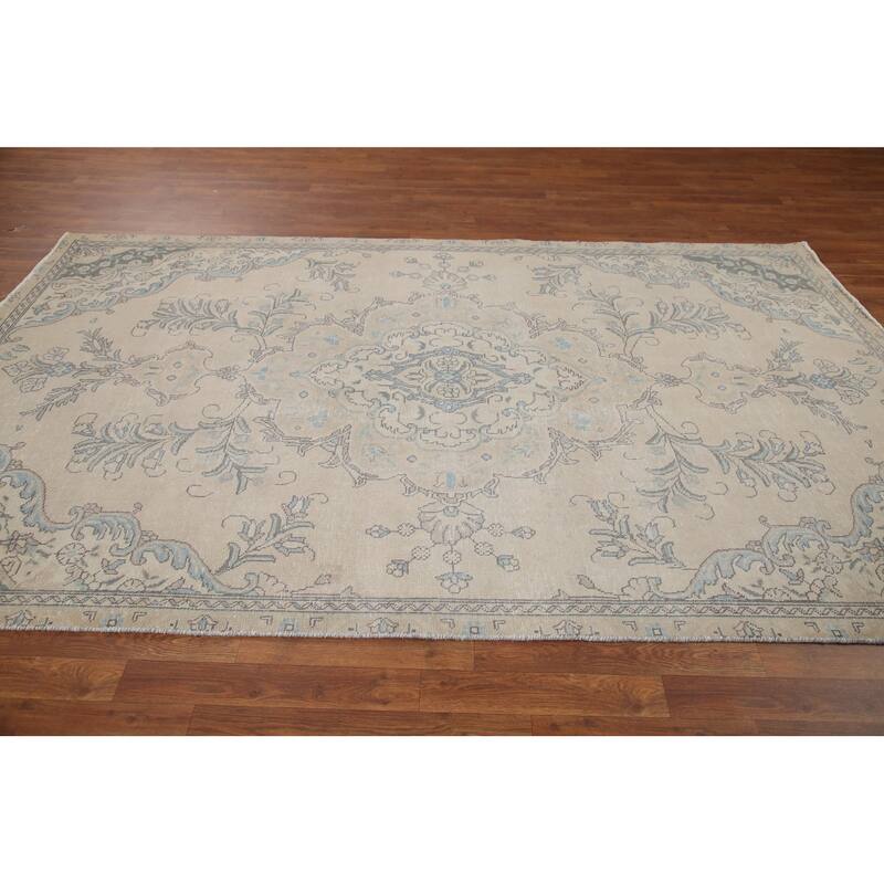 Hand Knotted Oriental 100% Wool Carpet Traditional Floral Beige & Ivories Tabriz Area Rug - 9' 2'' X 5' 6''