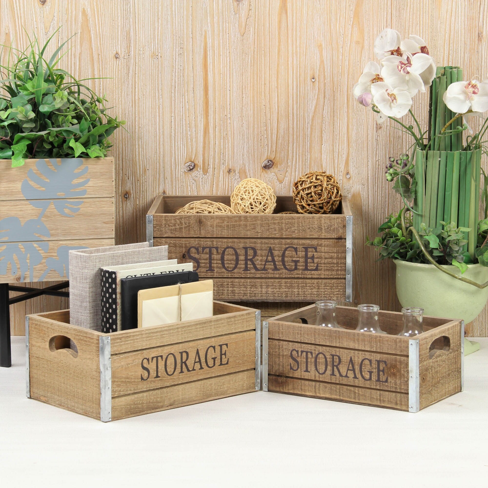 Vintage Wood Crates for Storage with Metal Trims (Set of 3, Light Green):  Versatile Wooden Storage Boxes with Handles, Farmhouse Wooden Crates for