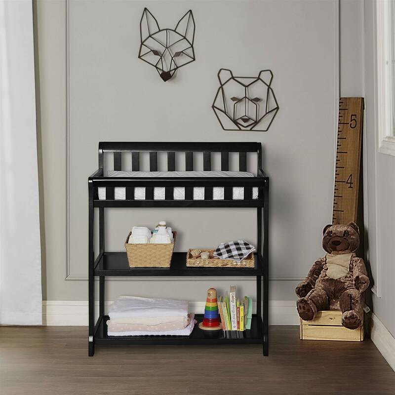 Black Wooden Baby Changing Station with Water-Resistant Pad Strap and Safety Guard Rails - 40”H x 20”W x 34”L