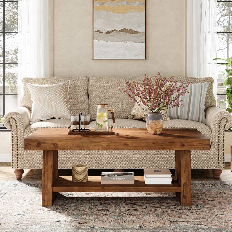 2 Tier Solid Wood Coffee Table for Living Room, 47 Inch Rectangular Center Table with Storage Shelves