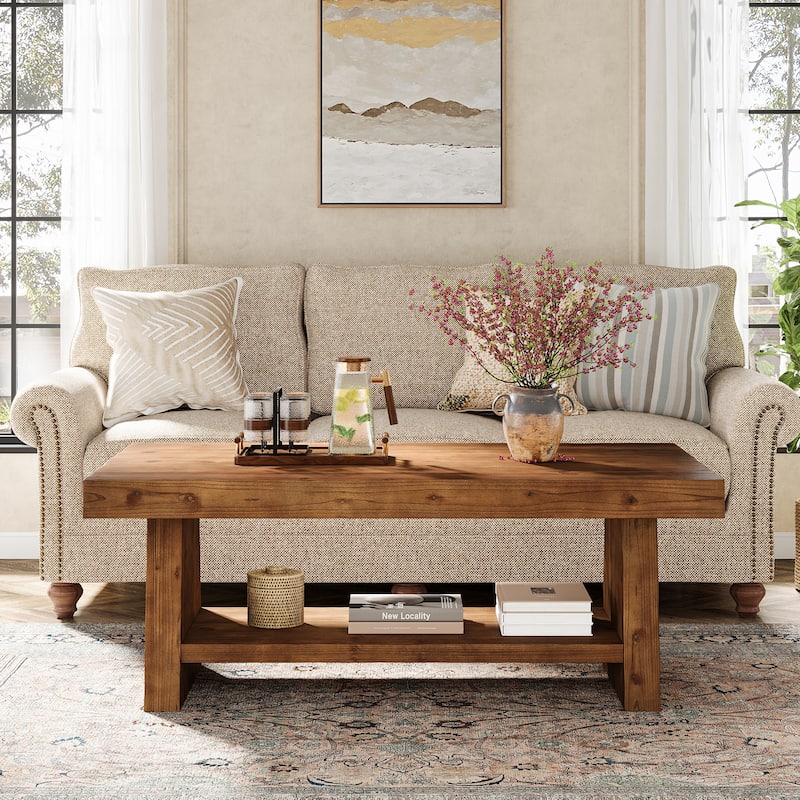Solid Wood Coffee Table with Storage Shelves, 2 Tier Center Table for Living Room, Farmhouse Style