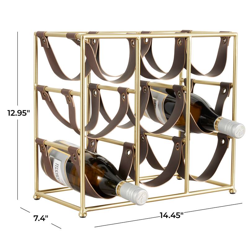Gold Metal Wine Rack with Faux Leather Holding Straps