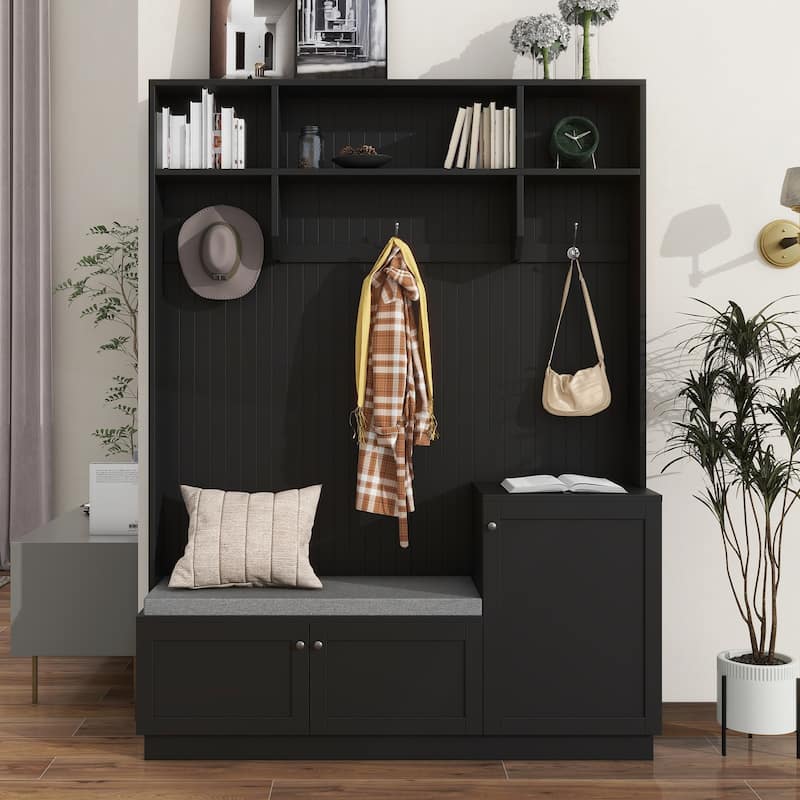 Elegant Design Hall Tree with Comfort and Storage Solutions - Black