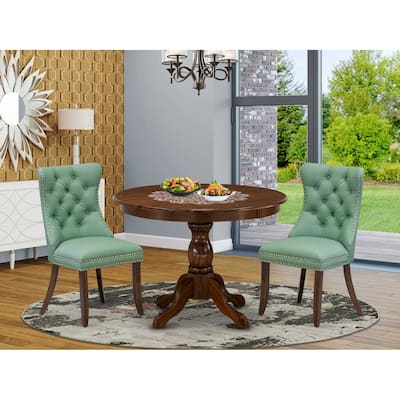3-Piece Antique Walnut Finish Solid Wood Top-Round Upholstered Dining Room Set-Seats 4