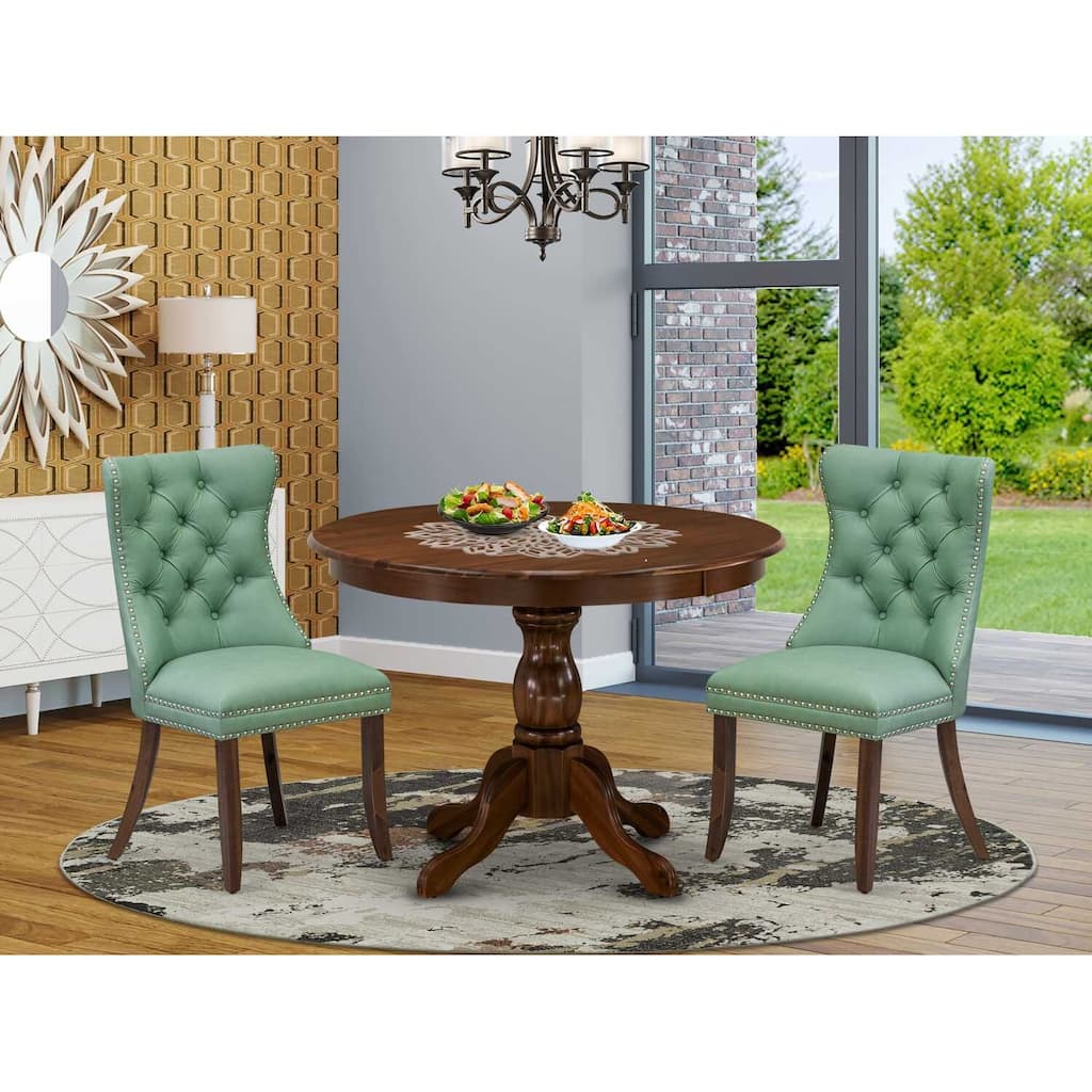 3-Piece Antique Walnut Finish Solid Wood Top-Round Upholstered Dining Room Set-Seats 4