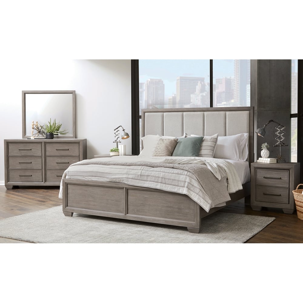 Roundhill Furniture Ennesley Gray Wood Bedroom Set with Upholstered Panel Bed, Dresser, Mirror, and 2 Nightstands