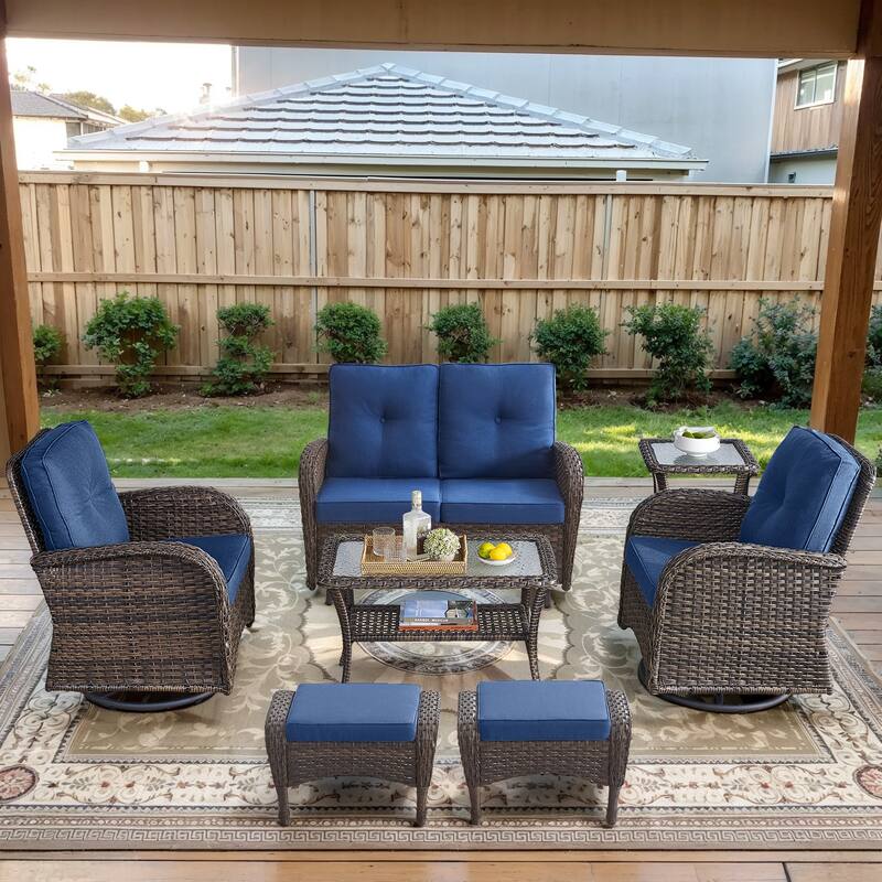 Gymojoy Outdoor Wicker Patio Furniture Loveseat Glider & Chair Set - Loveseat Set - included Swivel Chairs - Brown Wicker / Blue Cusion