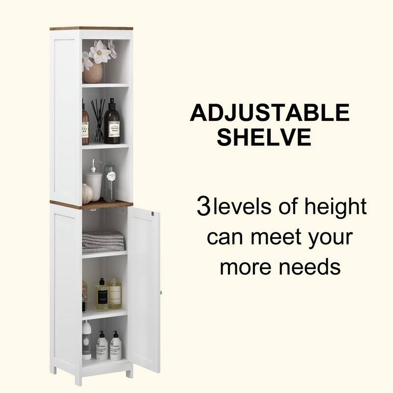 Tall Bathroom Storage Cabinet with Reversible Door, Freestanding Narrow Linen Tower with Open Shelves and Enclosed Cabinet