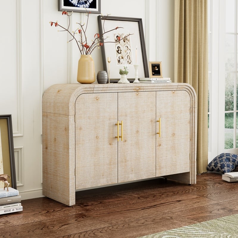 Retro Minimalist Curved Sideboard with Gold Handles and Adjustable Dividers for Living Room or Dining Room - Natural Wood Wash
