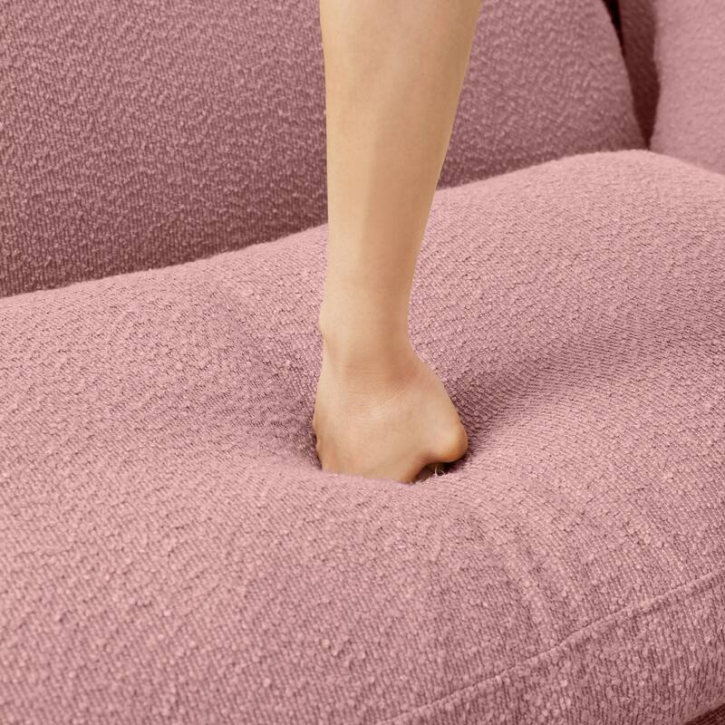 Boucle Fabric Ottoman with Wooden Legs Modern Living Room Accent