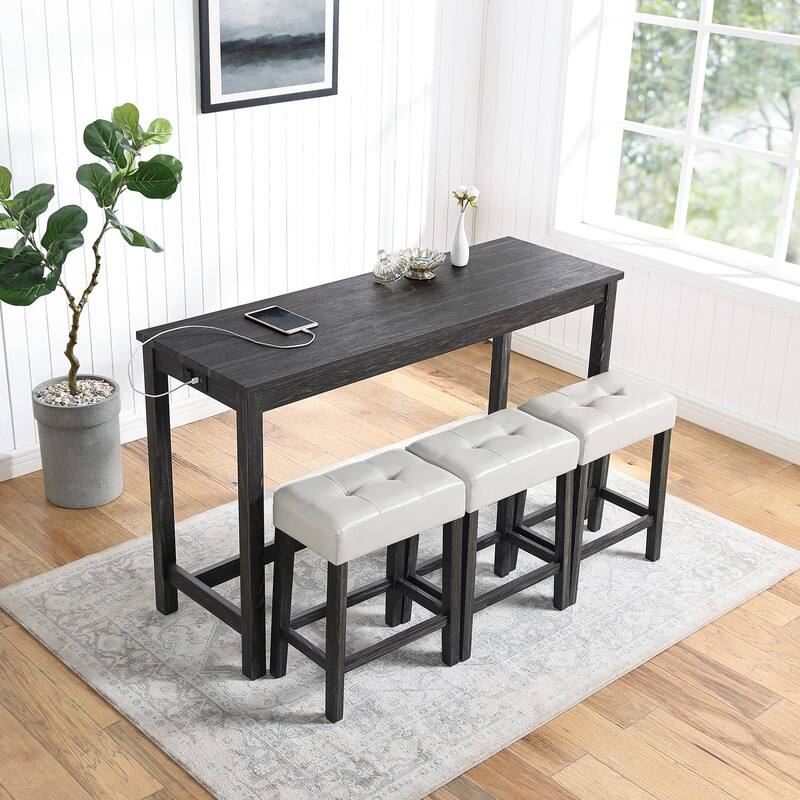 Bar Table Set with 3 Stools and Power Outlet