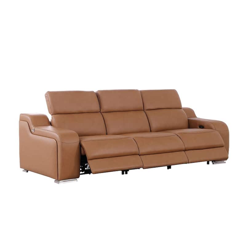HomeRoots 103" Chestnut Italian Leather Reclining USB Sofa