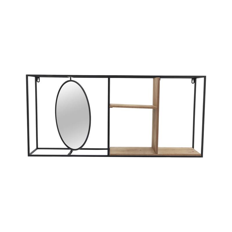Wall Mount Shelf - Black Metal Brown Wood with Mirror - 34.0"