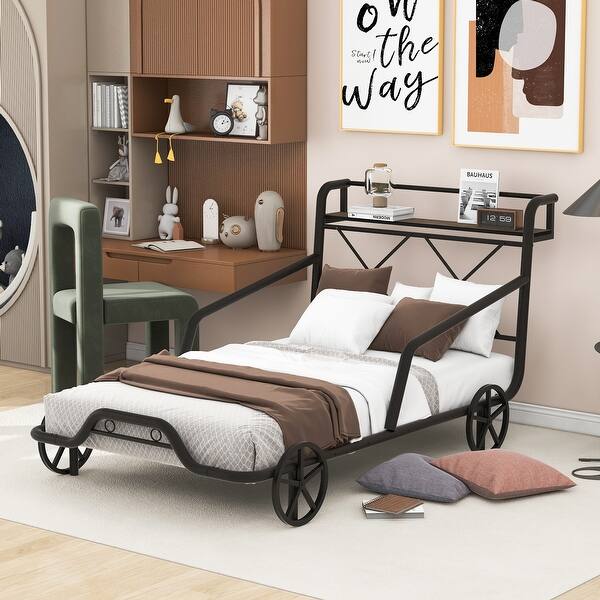 slide 2 of 24, Twin Size Metal Bed with Four Wheels, Car Shaped Bedframe with Guardrails and X-Shaped Frame Shelf, Funny Design for Kids Black - Twin