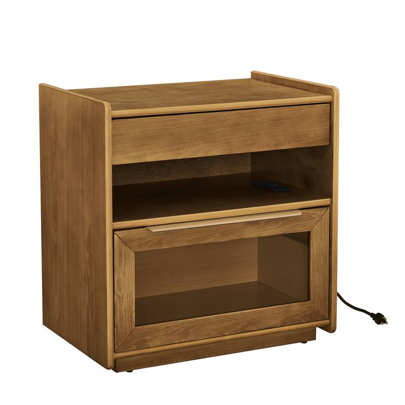 Roomfitters Mid Century Nightstand, Glass Drawer, Bedside Table with Charging Ports, Storage