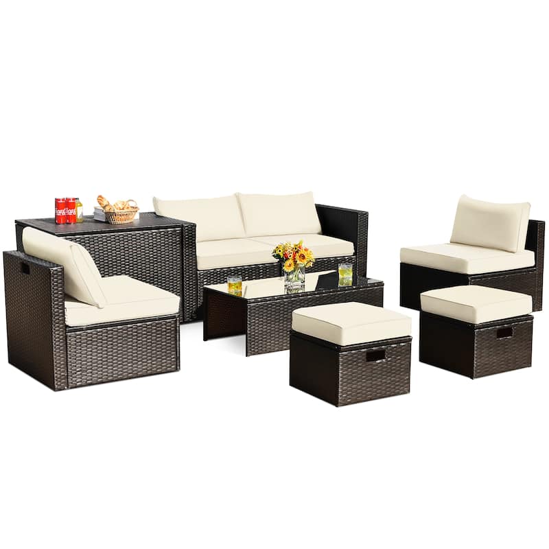 8PCS Patio Rattan Furniture Set Space-Saving Storage W/ Cushion - Black