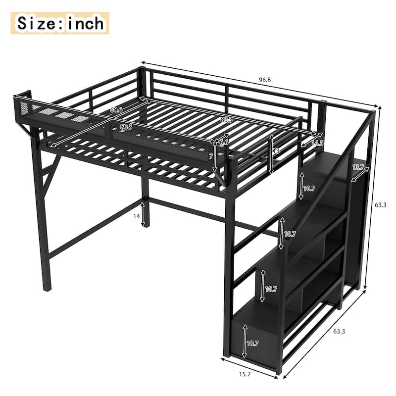 Queen Loft Bed with Storage Stairs, Shelves, Wardrobe, USB Ports, LED Lights, Black Woodgrain