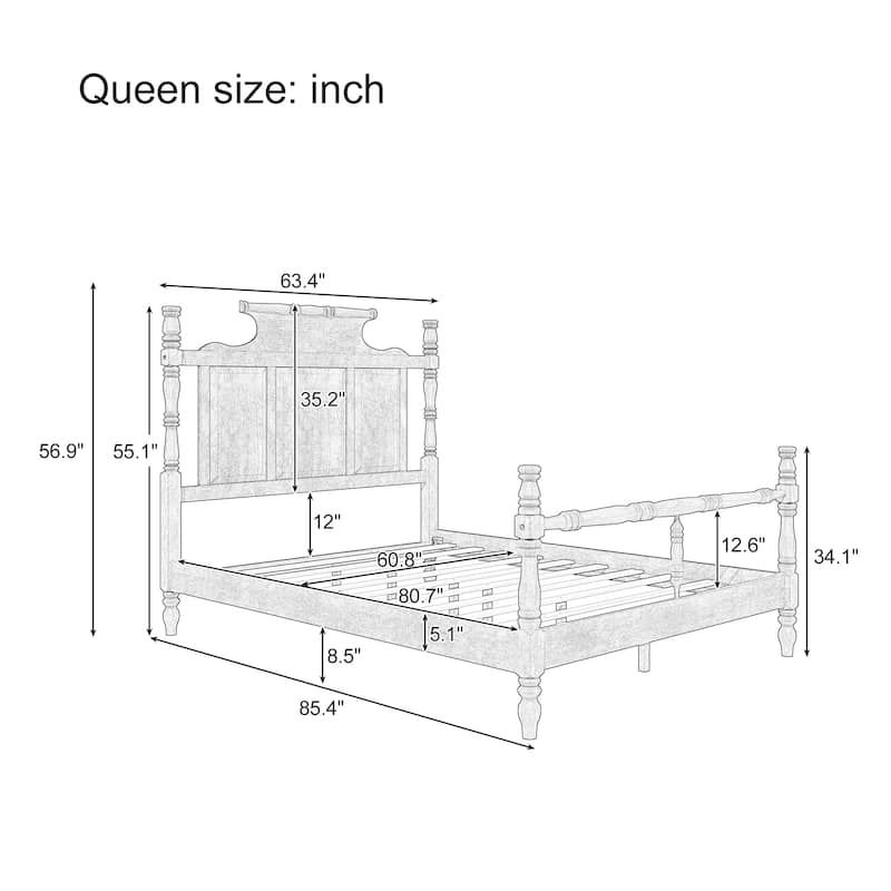 Vintage Country Style Queen/King Platform Bed with 56.9" High Crown-like Headboard, Wood Four-Post Bed Frame w/Distressed Finish