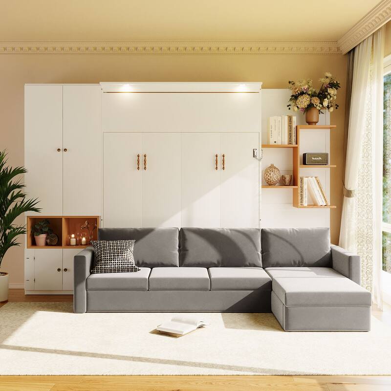 Modern Queen Murphy Bed with Sofa & Storage Shelves, Space-Saving Wall Bed with Integrated LED Lights - White - Queen