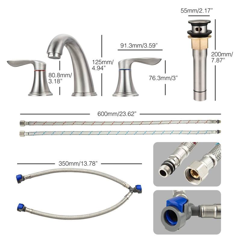 2 Pcs Bathroom Sink Faucet 3 Hole with Stainless Steel Pop up Drain and cUPC Hose, Brushed Silver - 3.59x3.59x7.87in