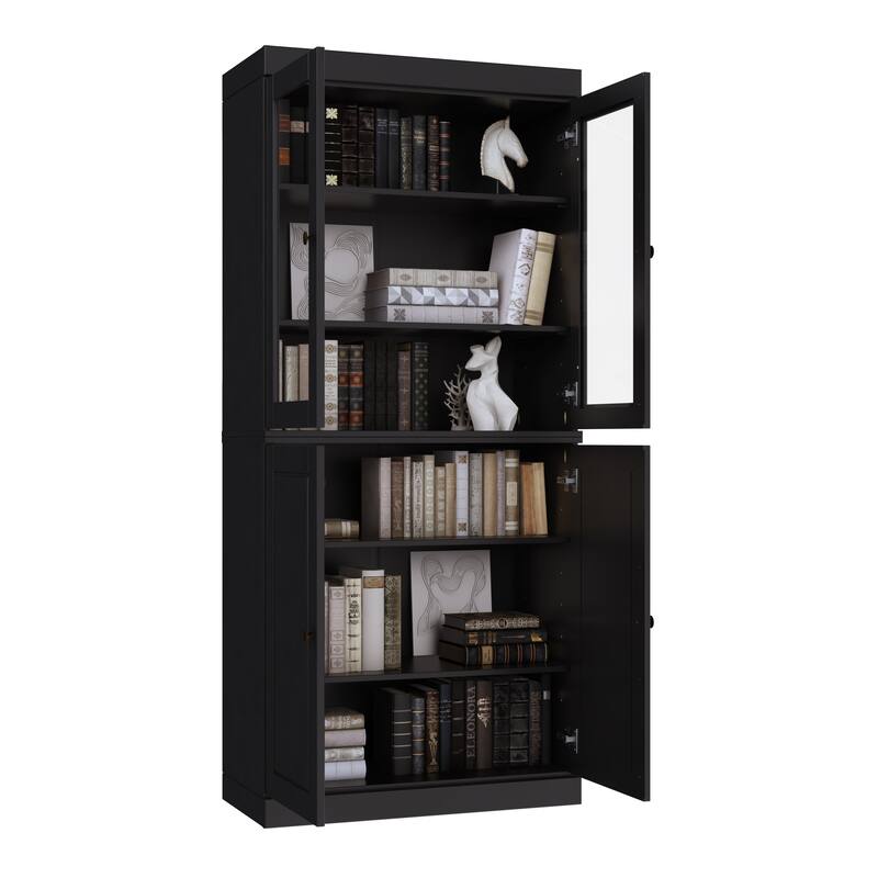 Palace Imports Solid Wood 6-Shelf Bookcase, Raised Panel Clear Glass Doors, Adjustable Shelves