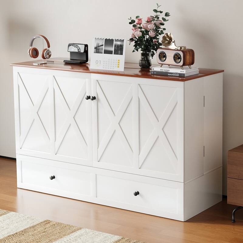 Mixoy Modern Full/Queen Size Murphy Bed Chest with Mattress and Storage