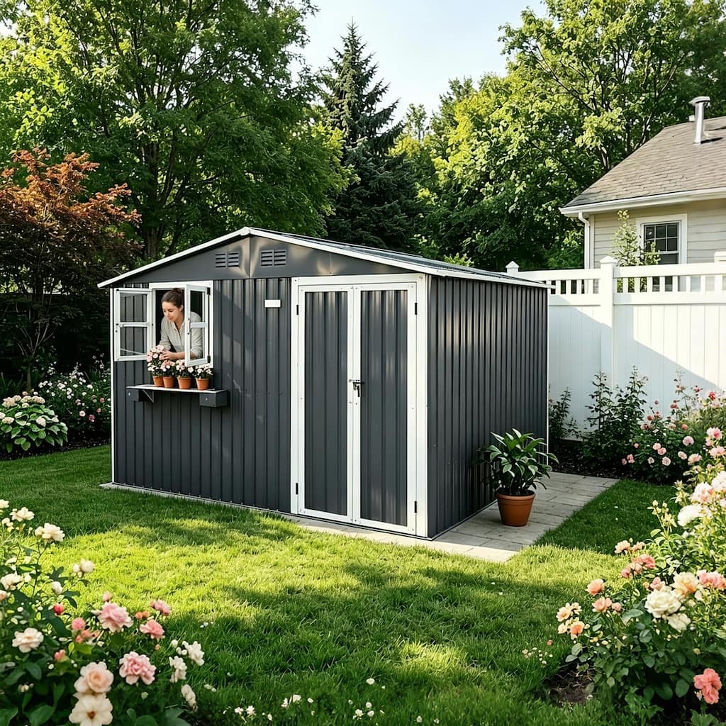 10x8 FT Outdoor Metal Storage Shed with Window & Flower Rack,Lockable Double Doors Tool Shed,Waterproof Weatherproof Garden Shed