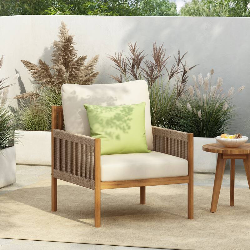 Outdoor Woven Lounge Chair with Solid Wood Frame and Comfortable Polyester Cushions
