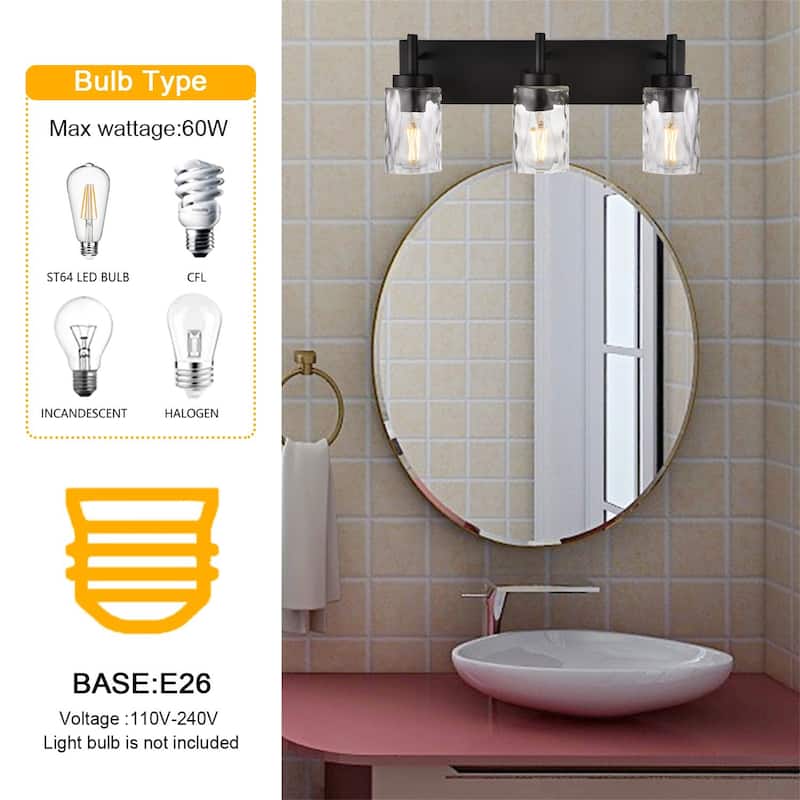 3-Light Black Vanity Light with Hammered Glass