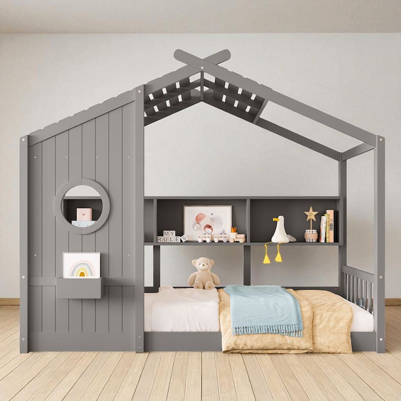 Twin/Full Montessori House Floor Bed with Roof, Storage Shelf, Low Profile Kids Bed, 6 in Mattress, 350/550 lb Capacity
