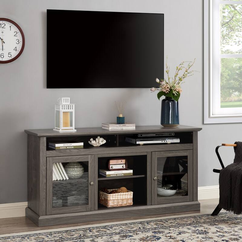 Contemporary TV Media Stand Modern Entertainment Console for TV Up to 65", Open and Closed Storage Space, Dark Walnut/Black