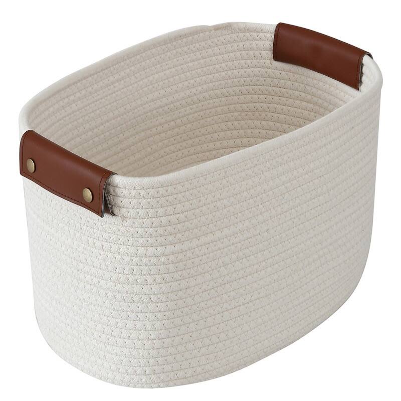 3 Pack Woven Cotton Rope Shelf Storage Basket with Leather Handles, Baby Nursery Storage Bin Organizers, Closet Shelf Storage