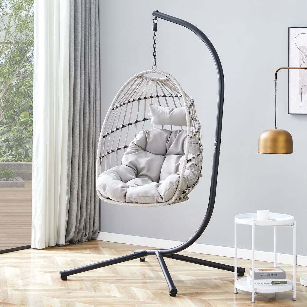 Heavy-Duty Iron Hanging Chair with Wicker Weave for Indoor/Outdoor Comfort
