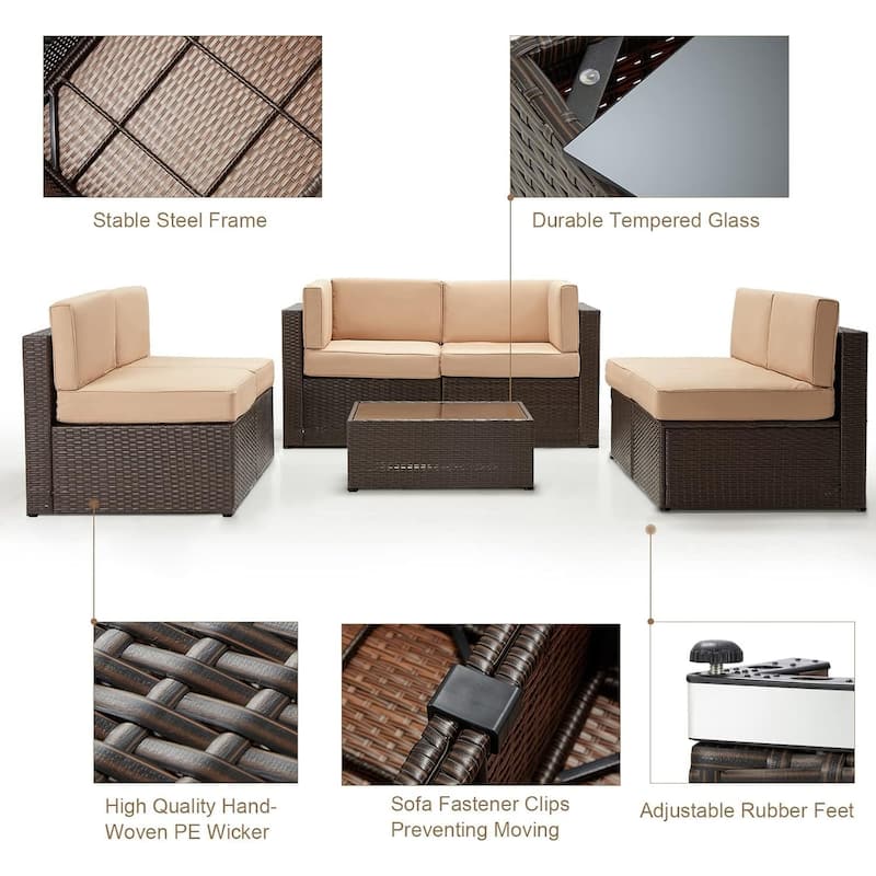 AECOJOY 7 Piece Outdoor Patio Furniture Set, PE Rattan Outdoor Wicker Sectional Furniture Chair Set with Cushions and Tea Table
