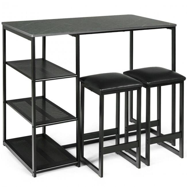 3 pcs Dining Set with Faux Marble Top Table and 2 Stools