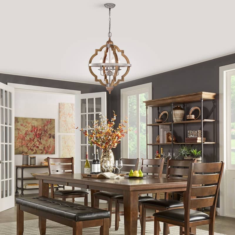 4-Light Wood Cage with Antique Sliver Belt Chandelier Ceiling Fixture - Wood and Antique Sliver