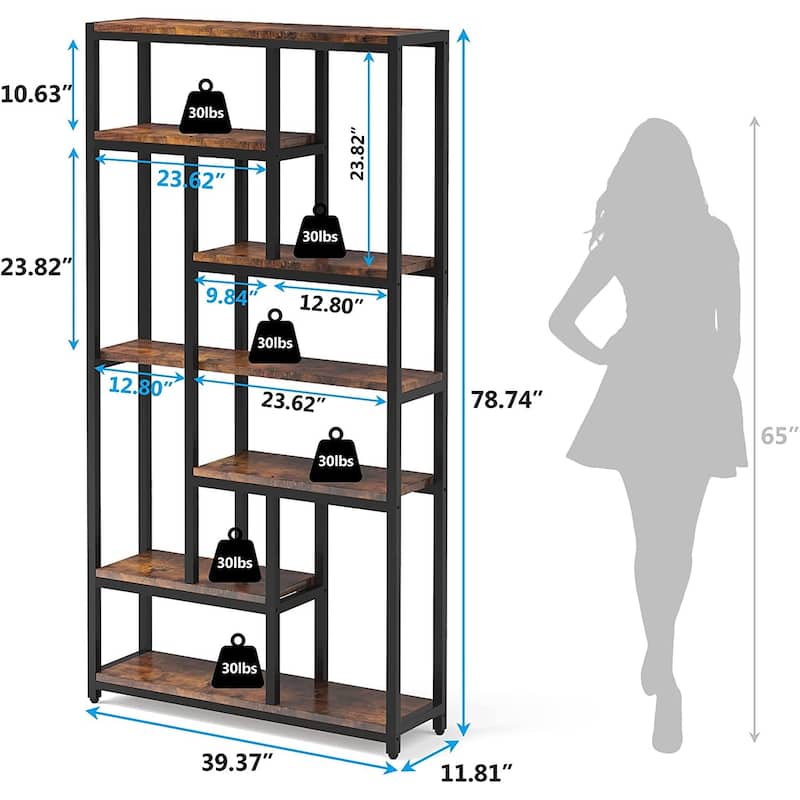 7-Tier Tall Industrial Bookshelf Bookcase - 39.37”(L) x 11.8”(D) x 78.74”(H)