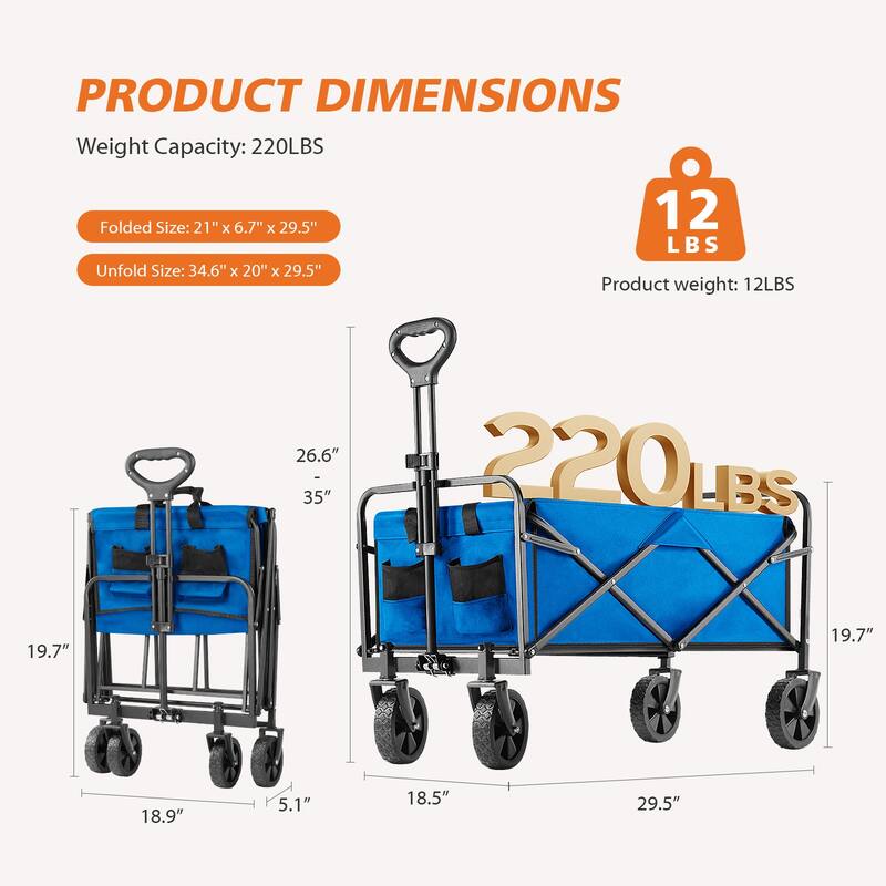 Foldable Picnic Wagon Cart with Drink Holders, Large Capacity Utility Cart for Outdoors, Shopping, and Travel