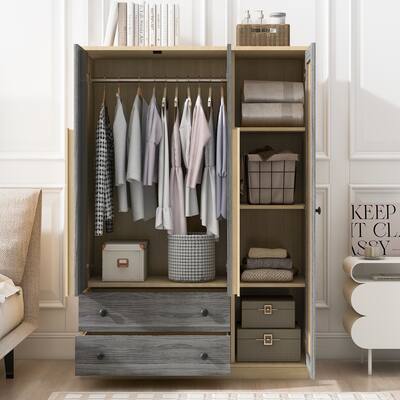 3-Doors Wooden Rattan Wardrobe, Dual-Color Design Armoire Closet Clothes Storage Cabinet with Hanging and Folding Area