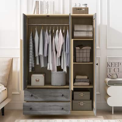 Rattan Wardrobe Closet Storage Cabinet with 2 Drawers, 3-Doors Wooden Armoire with Hanging Rod for Bedroom, Black+Natural