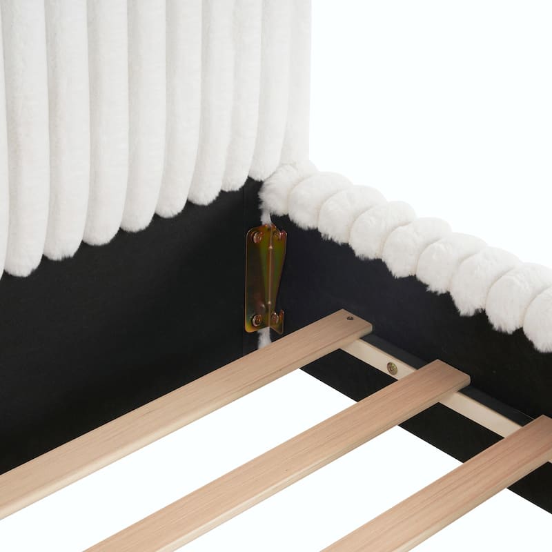 Sleek White Bouclé Upholstered Bed with Wavy Headboard & Vertical Stitching