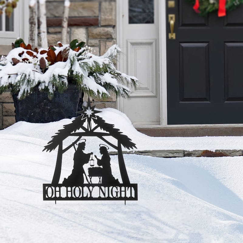 Glitzhome Christmas Metal Silhouette Nativity Waterglobe with Reindeer Yard Stakes Wall Decor